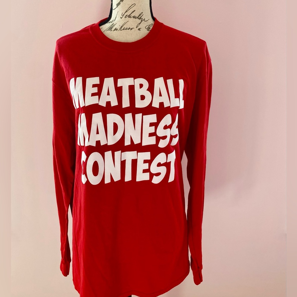 Men’s Red Meatball Madness Contest Long Sleeve Shirt Size Large